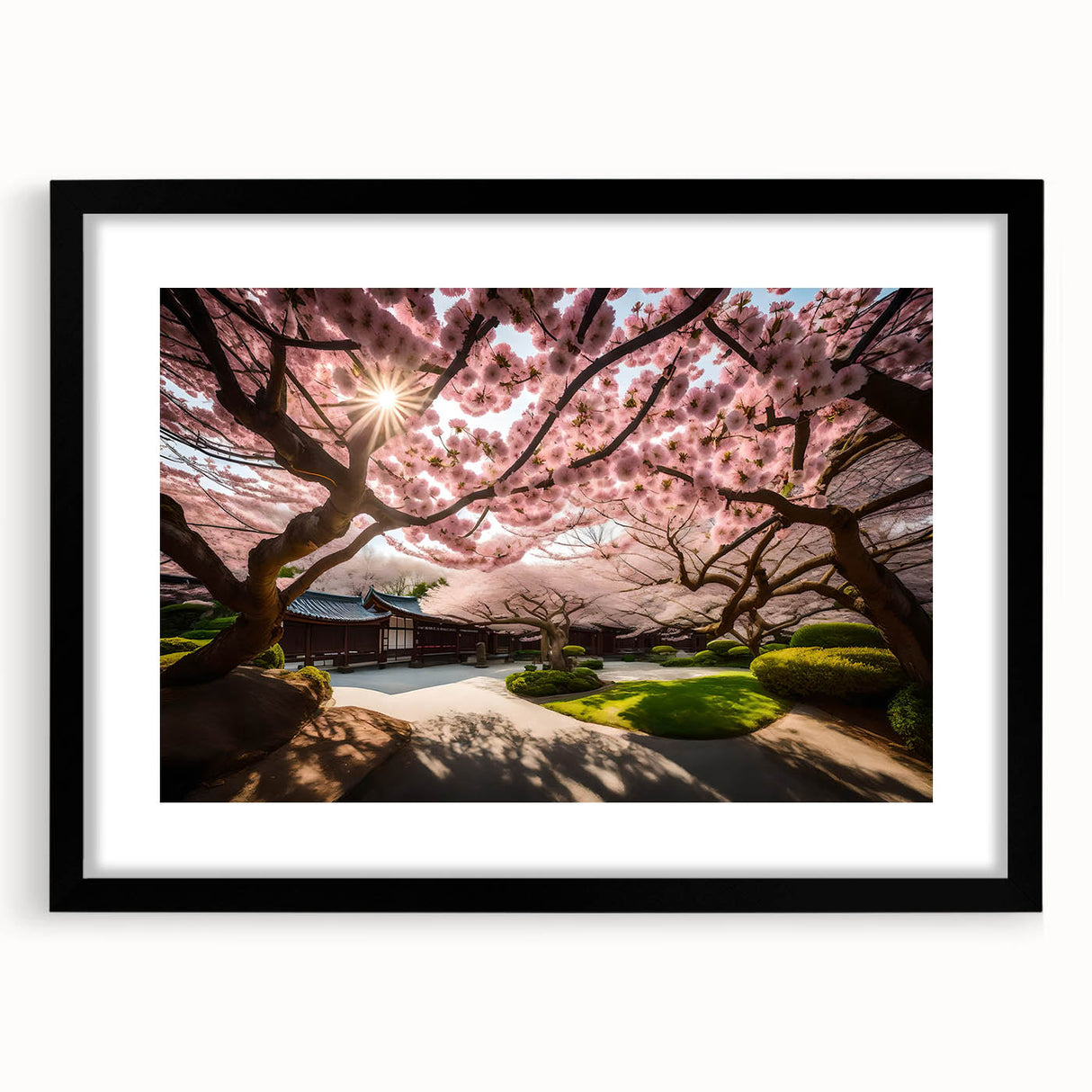 Black-framed wall art featuring a botanical cherry blossom design, elegantly matted for a polished look, perfect for enhancing modern home decor.