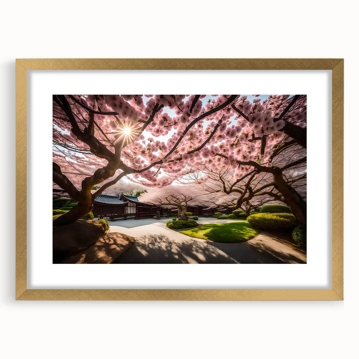 Botanical wall art collection showcasing a vibrant cherry blossom design framed with a gold mat, perfect for enhancing home decor with a touch of elegance.
