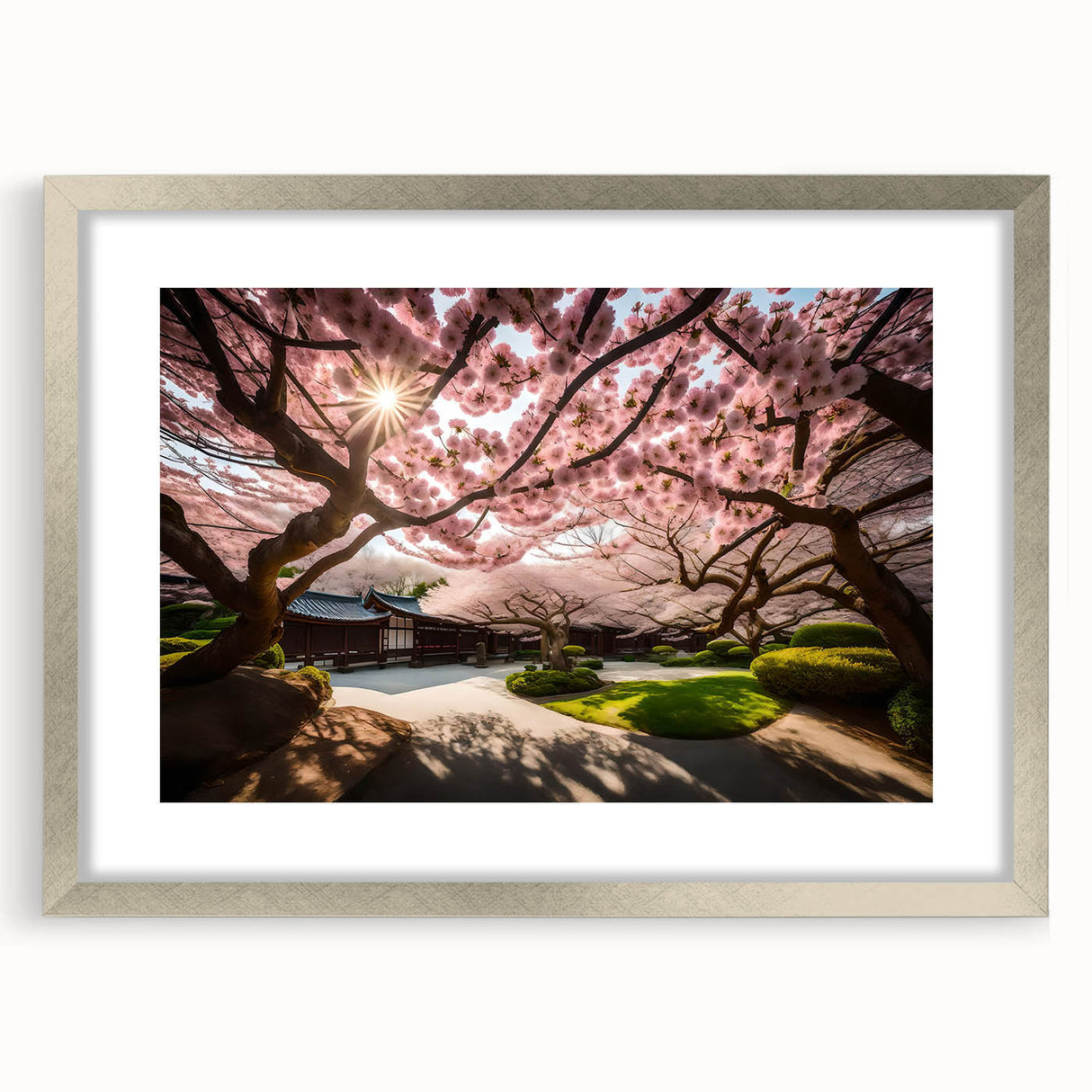 Cherry blossom wall art framed in silver, showcasing a delicate botanical design with a mat for added elegance, perfect for enhancing home decor.