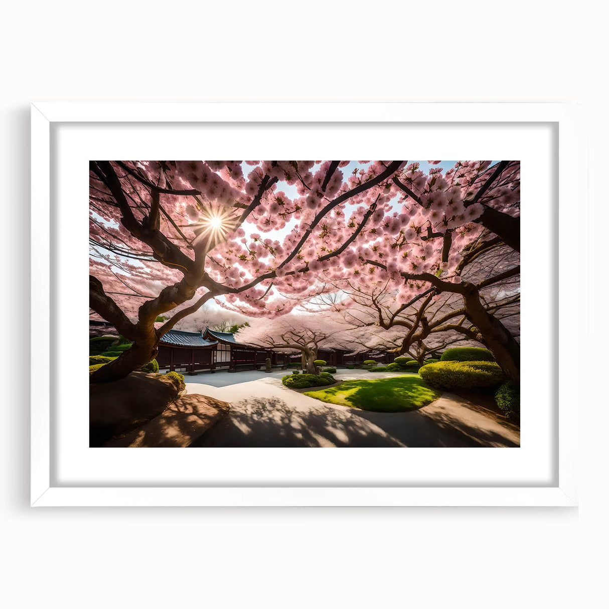 Botanical cherry blossom wall art collection featuring a white frame and mat, showcasing delicate pink flowers against a soft background, perfect for home decor.