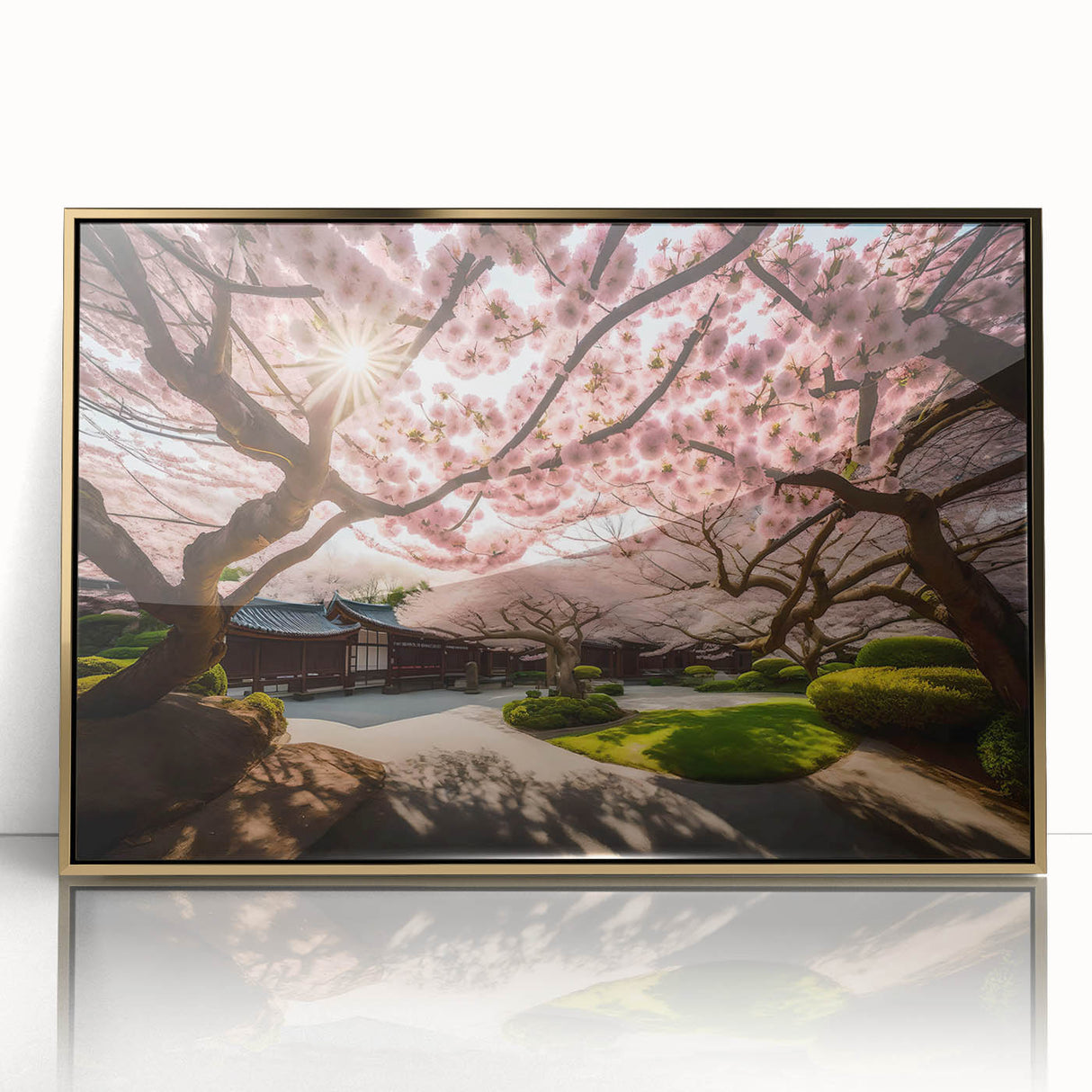 Framed wall art showcasing a vibrant botanical cherry blossom design with gold accents, elegantly displayed in an acrylic frame, perfect for home decor.