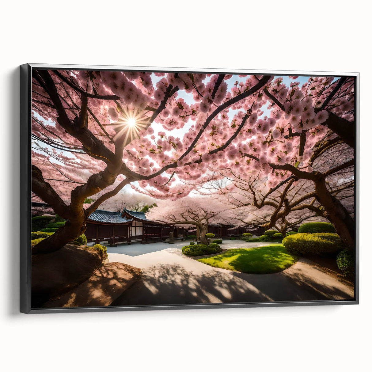 Framed canvas wall art showcasing a botanical cherry blossom design with vibrant pink flowers against a sleek black background, ideal for home decor.