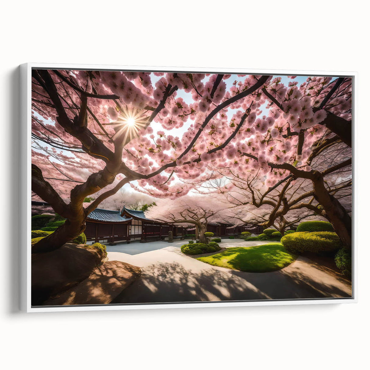 Framed wall art showcasing a botanical cherry blossom design on a white background, highlighting delicate pink flowers and intricate details, perfect for home decor.