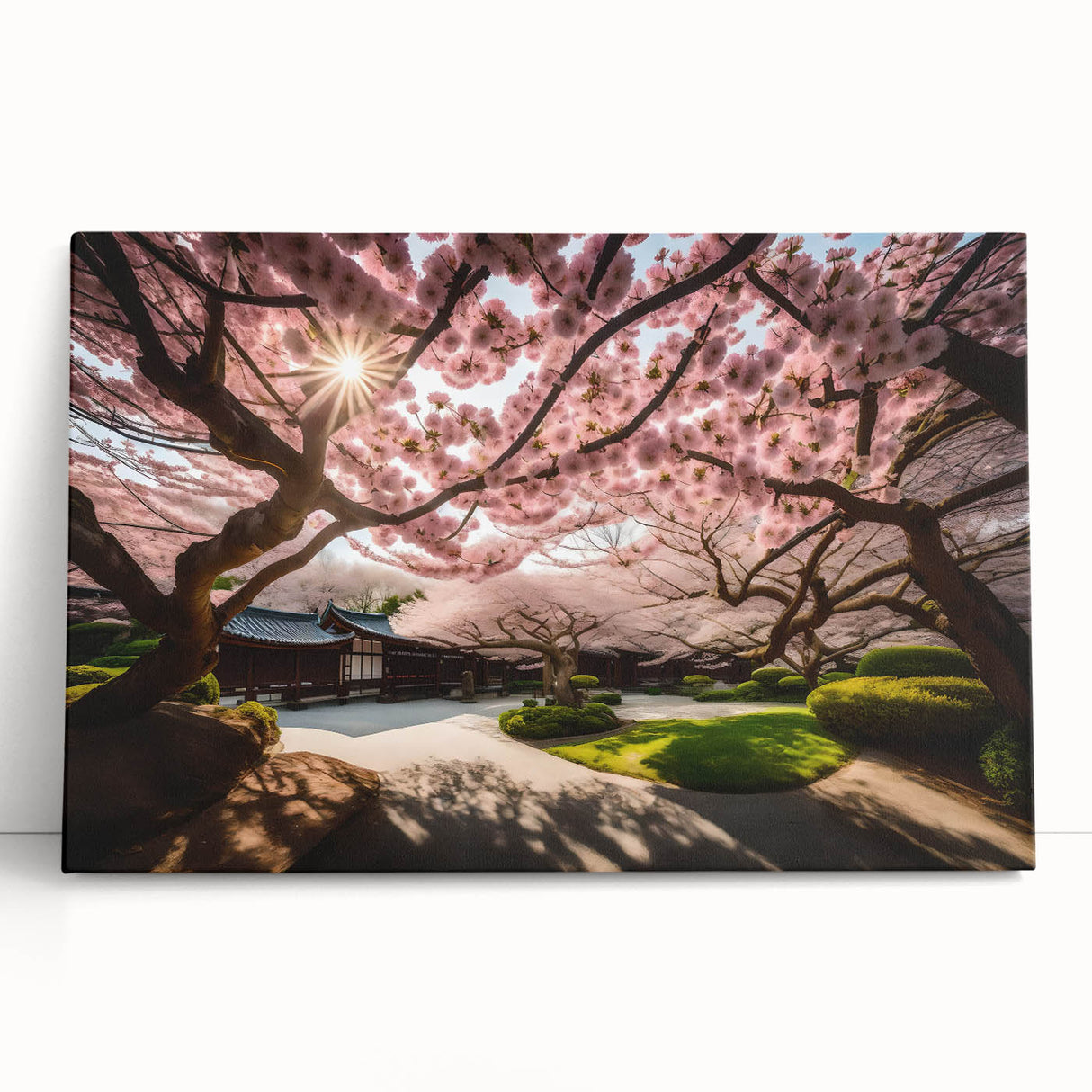 Stretched canvas wall art featuring a delicate cherry blossom design in soft pink and white hues, elegantly leaning against a neutral backdrop, perfect for home decor.