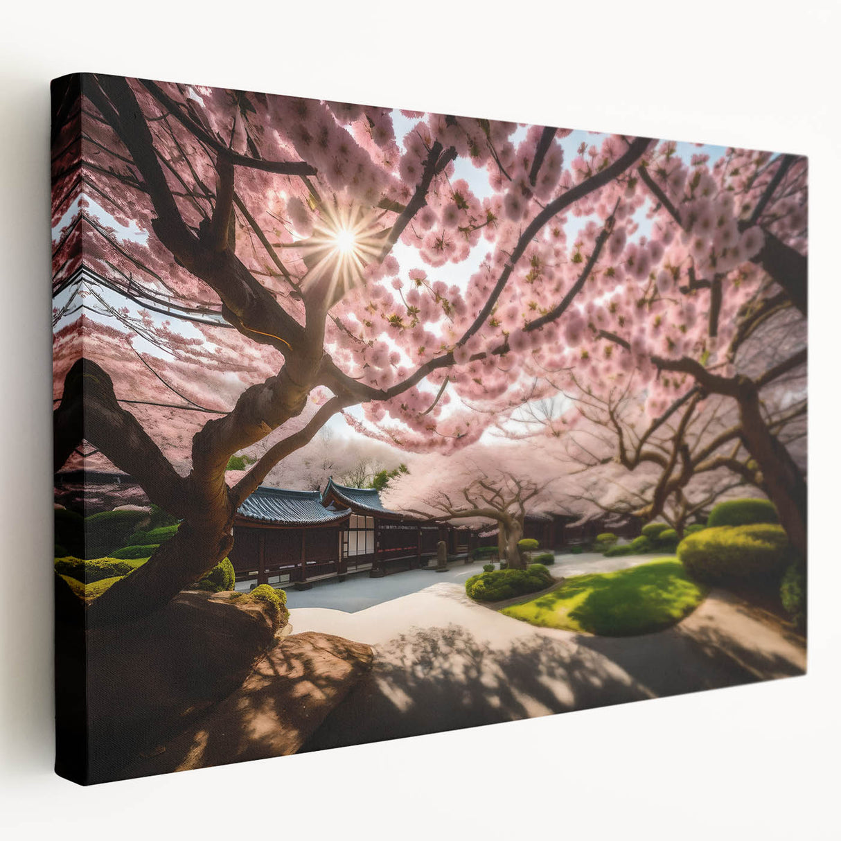 Stretched canvas wall art showcasing a delicate cherry blossom botanical design in soft pink and white hues, elegantly displayed from a side view for optimal visual appeal.