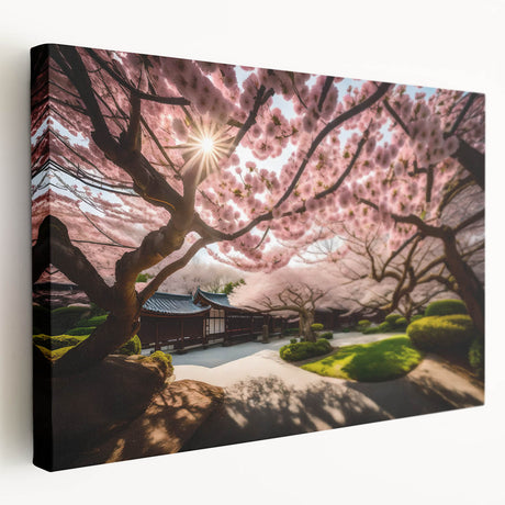 Stretched canvas wall art showcasing a delicate cherry blossom botanical design in soft pink and white hues, elegantly displayed from a side view for optimal visual appeal.