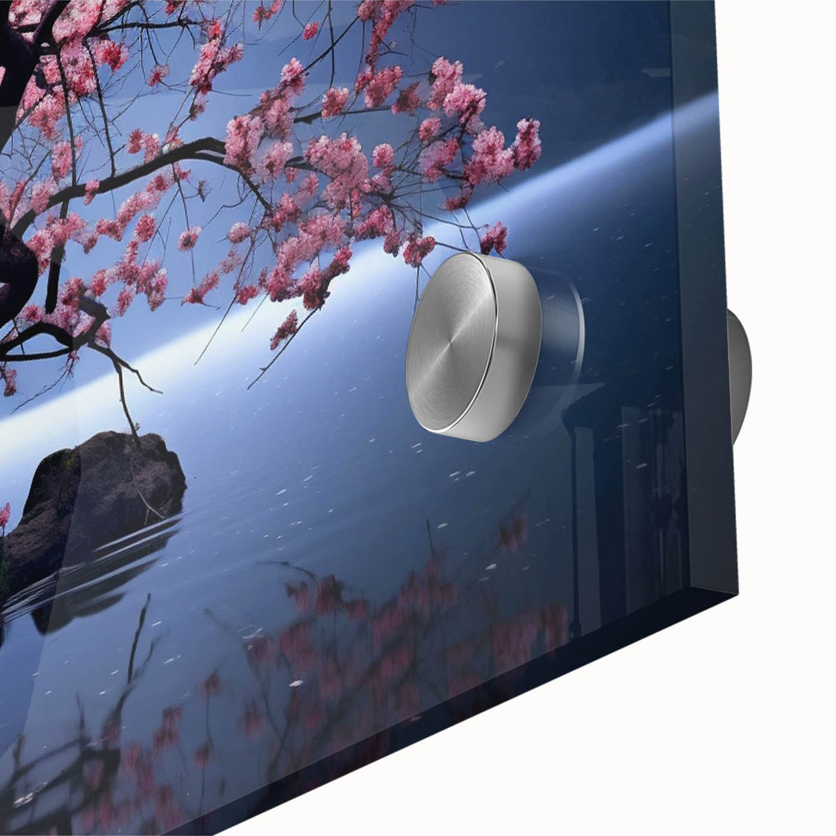 Close-up of a botanical cherry blossom wall art piece, showcasing delicate pink flowers and intricate details, designed for modern home decor enhancement. Perfect for nature enthusiasts seeking elegant floral accents.