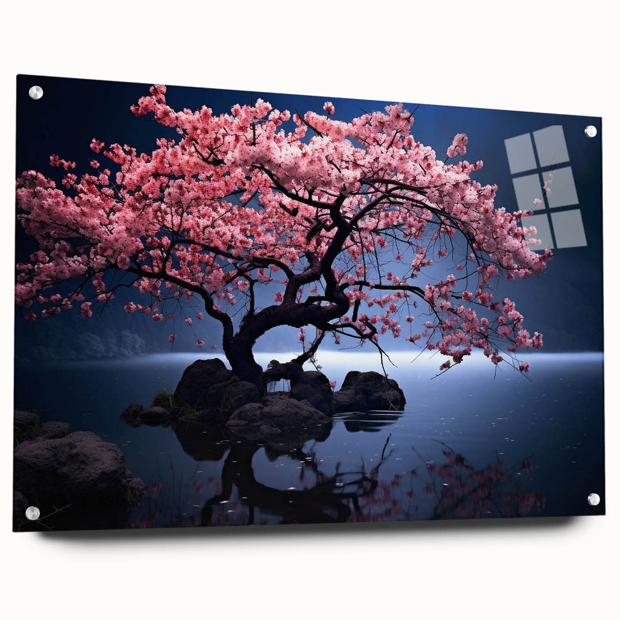 Cherry blossom wall art featuring a botanical design, displayed in an acrylic glass frame with stylish pins, ideal for enhancing home decor.