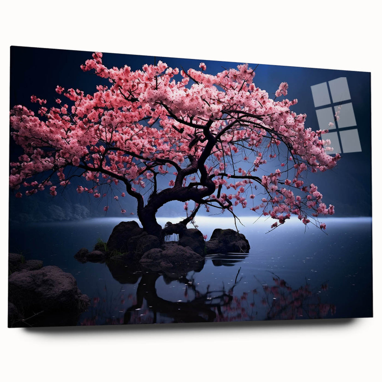 Elegant cherry blossom wall art design displayed in a sleek acrylic glass frame, showcasing delicate pink flowers against a soft background, perfect for enhancing home decor.