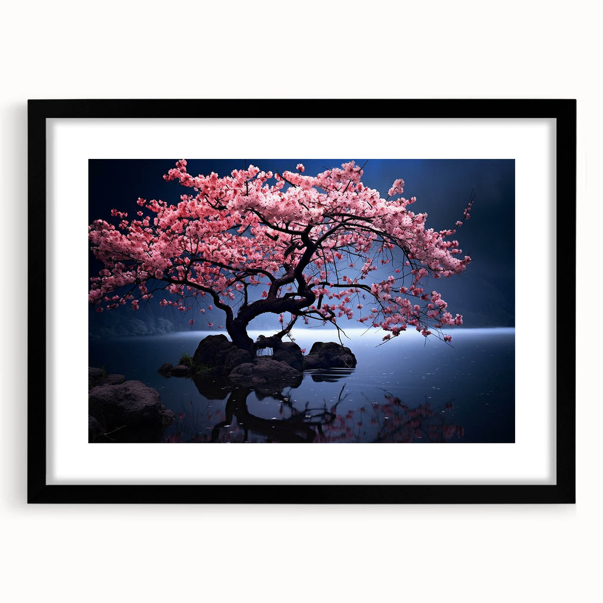 Botanical wall art featuring a delicate cherry blossom design, framed with a black mat and sleek frame, perfect for enhancing home decor.