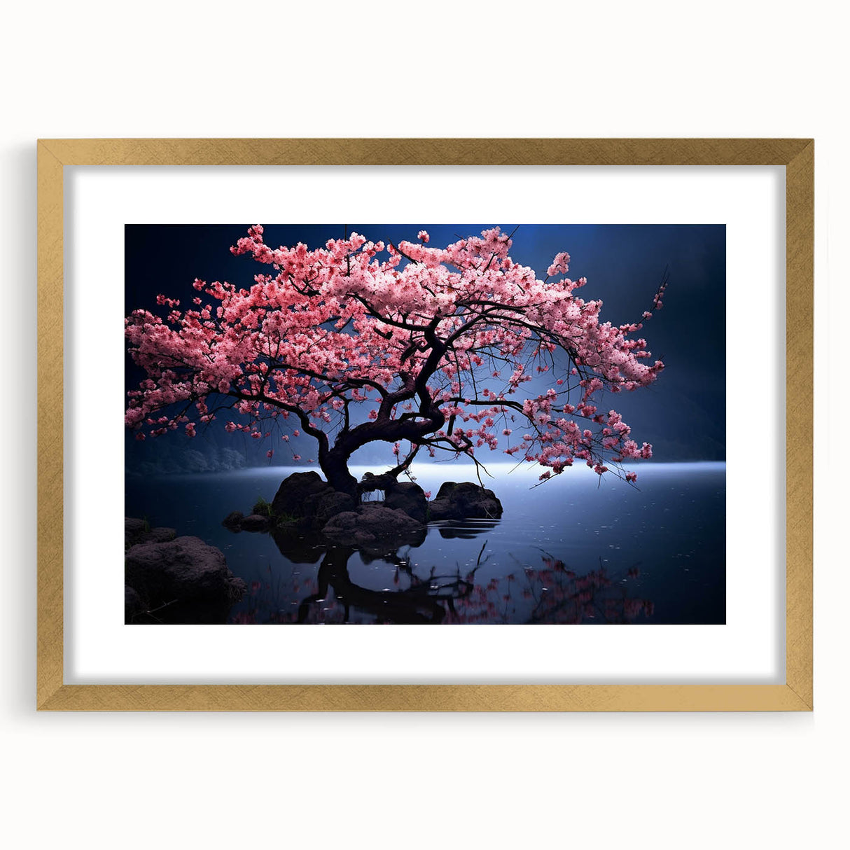 Elegant cherry blossom wall art framed in gold, showcasing a botanical design with delicate pink flowers and green leaves, perfect for home decor.
