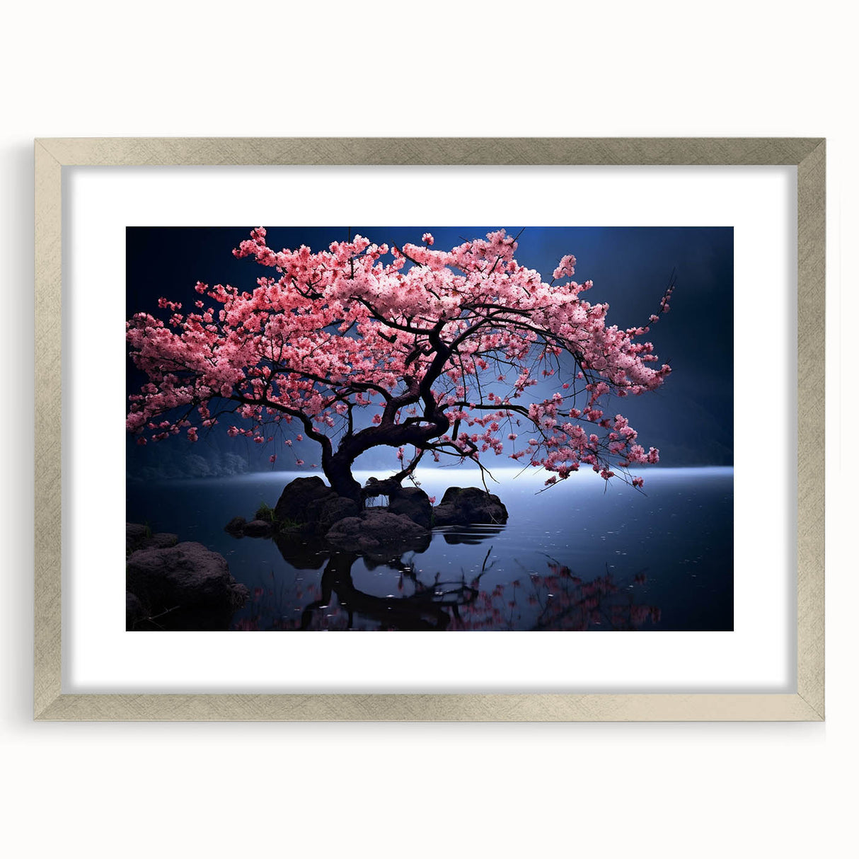 Botanical cherry blossom wall art collection framed in silver, featuring delicate pink flowers set against a neutral background, ideal for enhancing home decor.