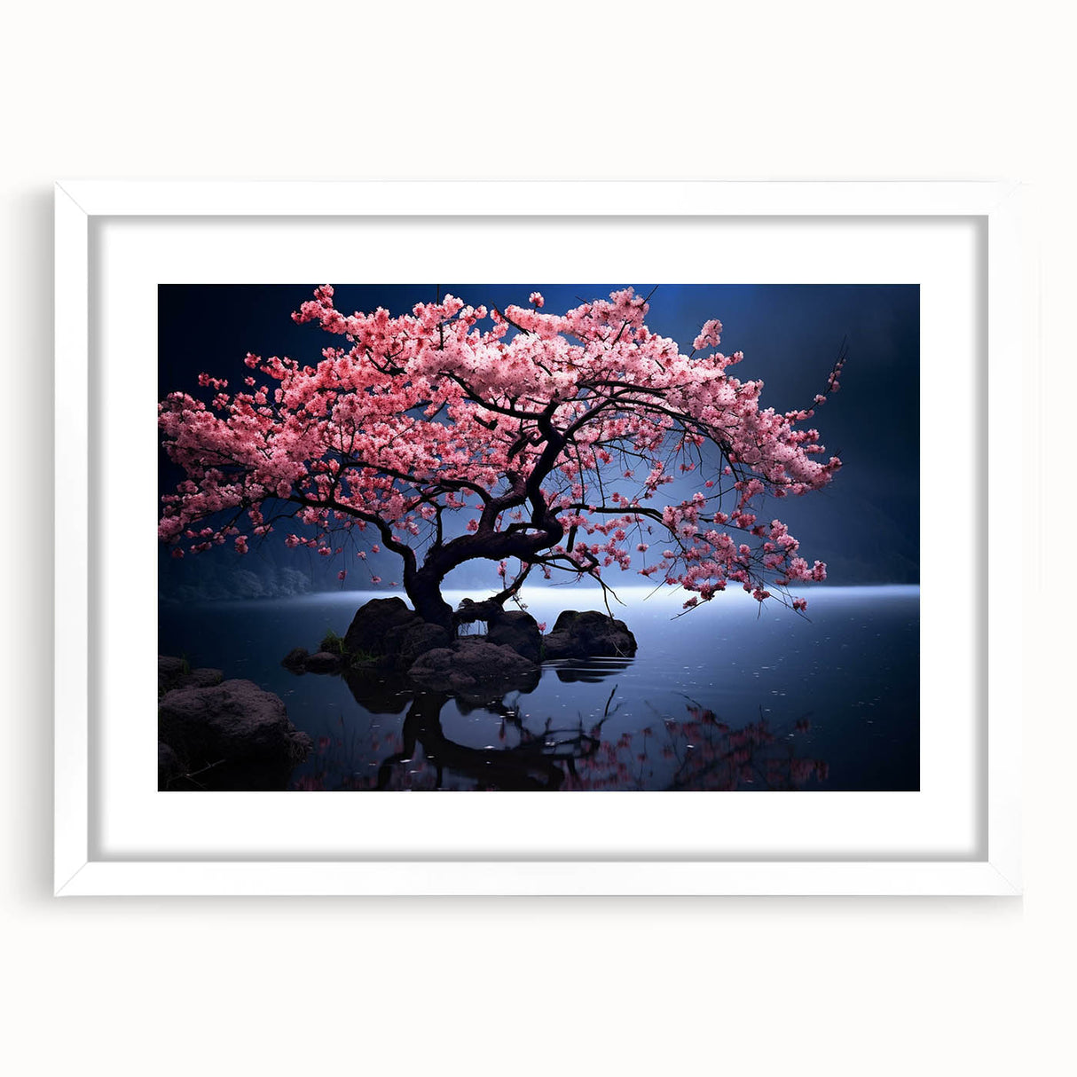 Cherry blossom wall art frame showcasing a delicate botanical design with soft pink flowers, elegantly matted and displayed in a stylish white frame, perfect for home decor.