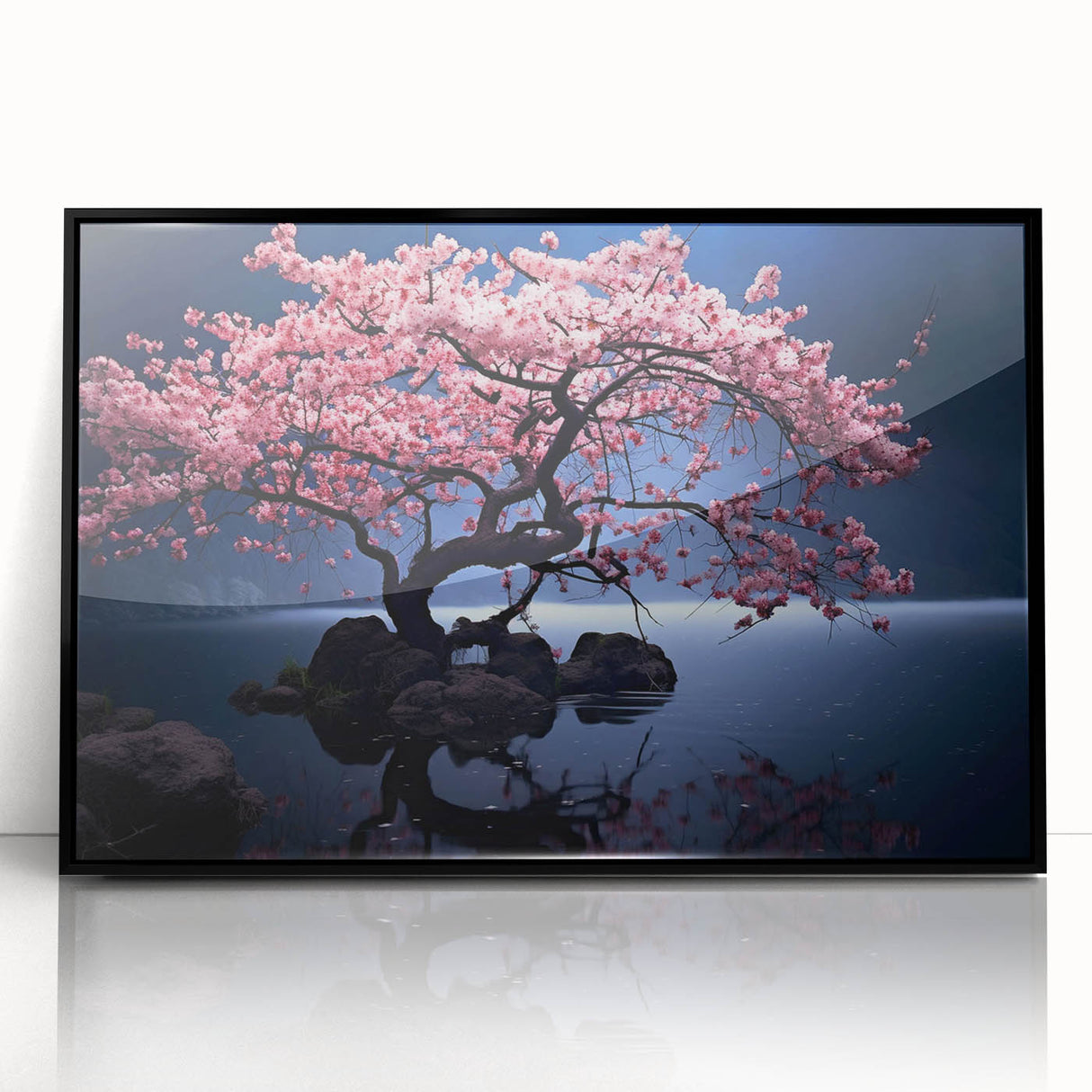 Framed acrylic wall art showcasing a vibrant cherry blossom botanical design, featuring delicate pink flowers against a sleek black background, perfect for home decor.