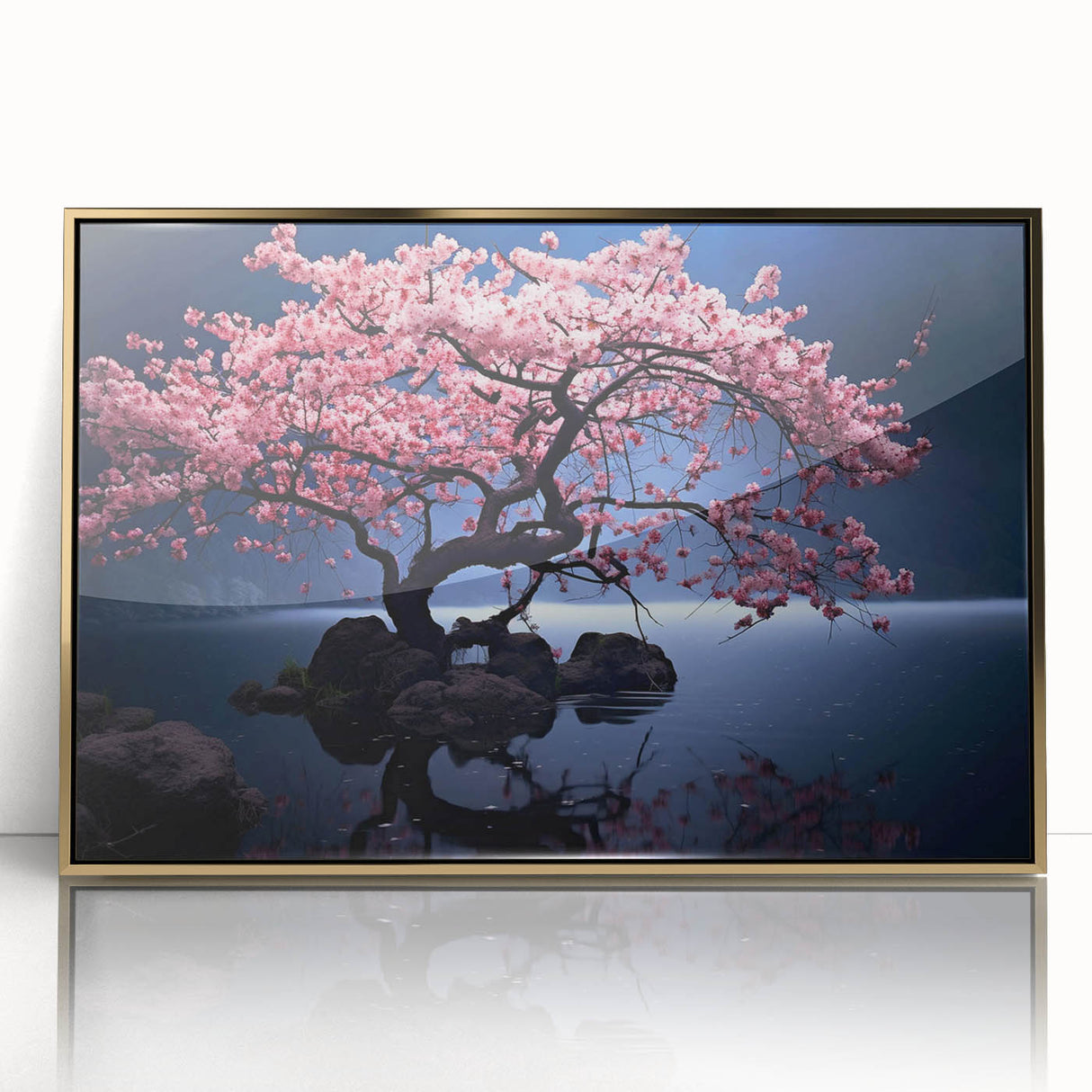 Framed wall art featuring a botanical cherry blossom design with gold accents, elegantly displayed in a sleek acrylic frame, perfect for home decor.