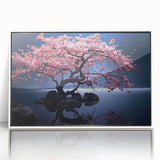 Framed acrylic wall art featuring a botanical cherry blossom design, showcasing delicate pink flowers against a white background, ideal for home decor enhancement.