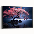 Framed canvas wall art showcasing a botanical cherry blossom design, featuring soft pink flowers and delicate green leaves, set against a sleek black frame, perfect for enhancing home decor.