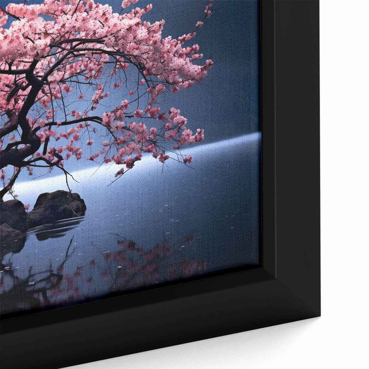 Close-up of a framed canvas wall art featuring a delicate botanical cherry blossom design, showcasing soft pink flowers on a light background, perfect for home decor.