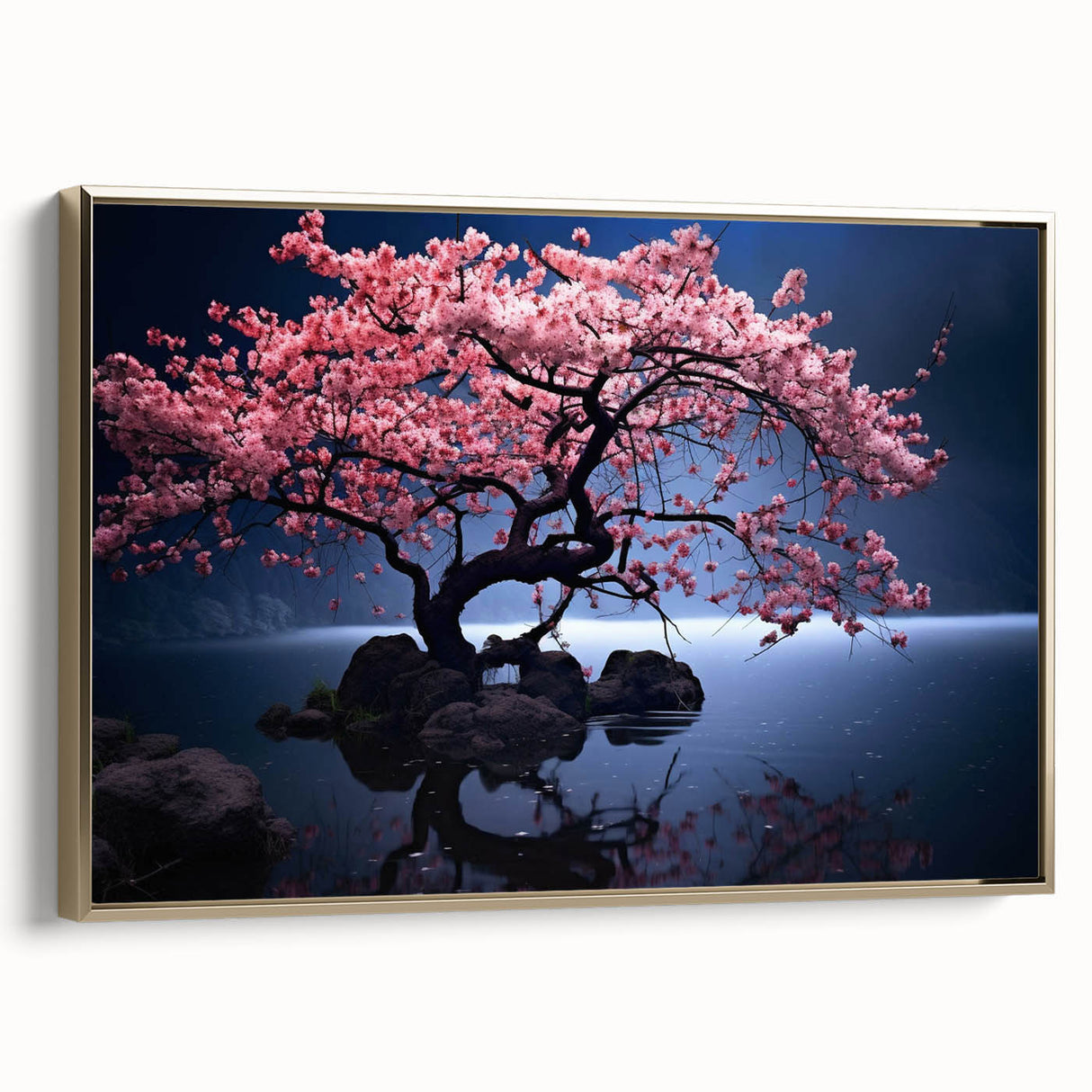Framed wall art showcasing a botanical cherry blossom design on canvas, featuring a gold frame. The artwork adds a touch of elegance to any decor with its delicate pink flowers and vibrant green leaves. Perfect for enhancing a living space or office with a serene, nature-inspired aesthetic.