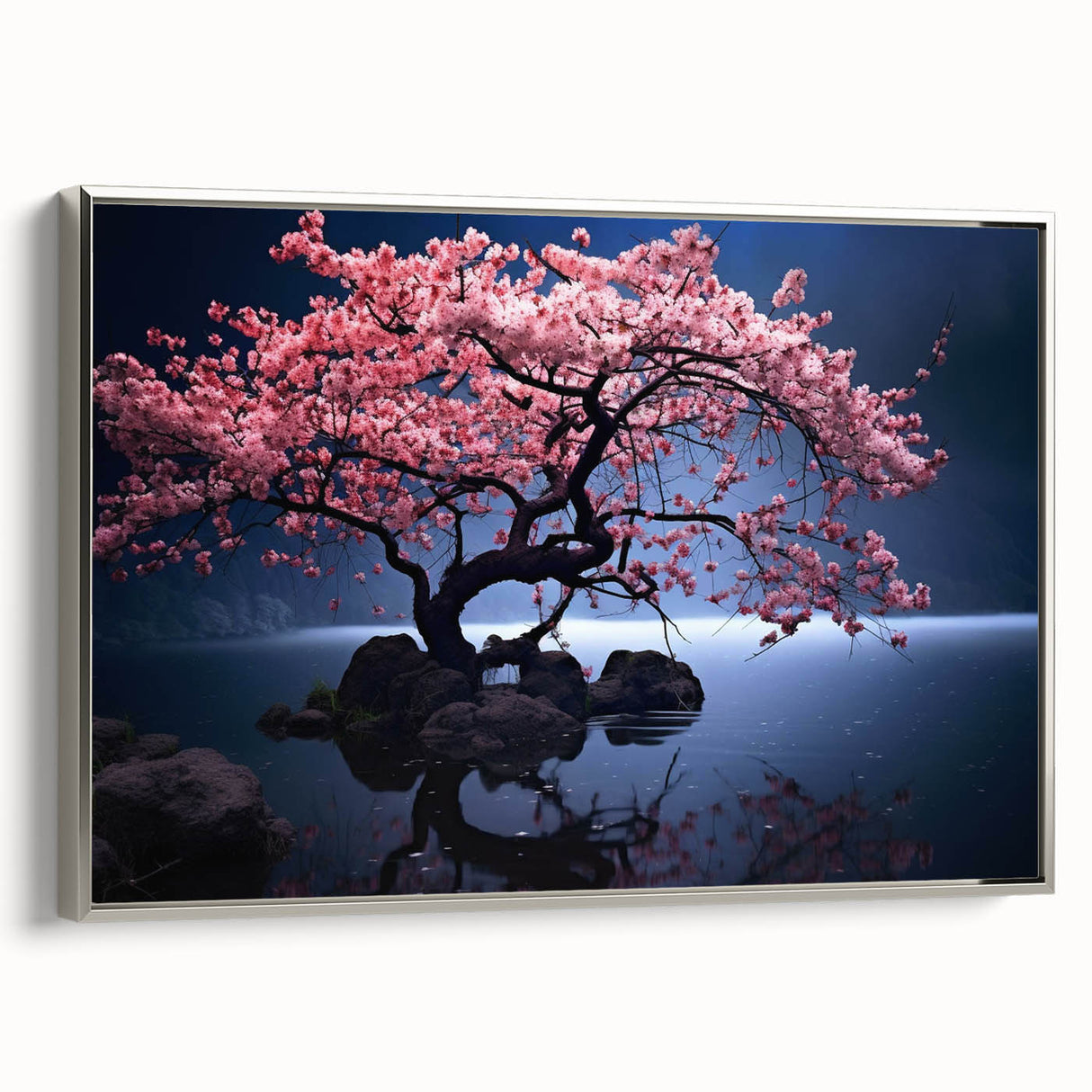 Framed canvas wall art depicting a delicate cherry blossom botanical design in soft pink and white hues, elegantly presented with a silver frame, ideal for home decor.