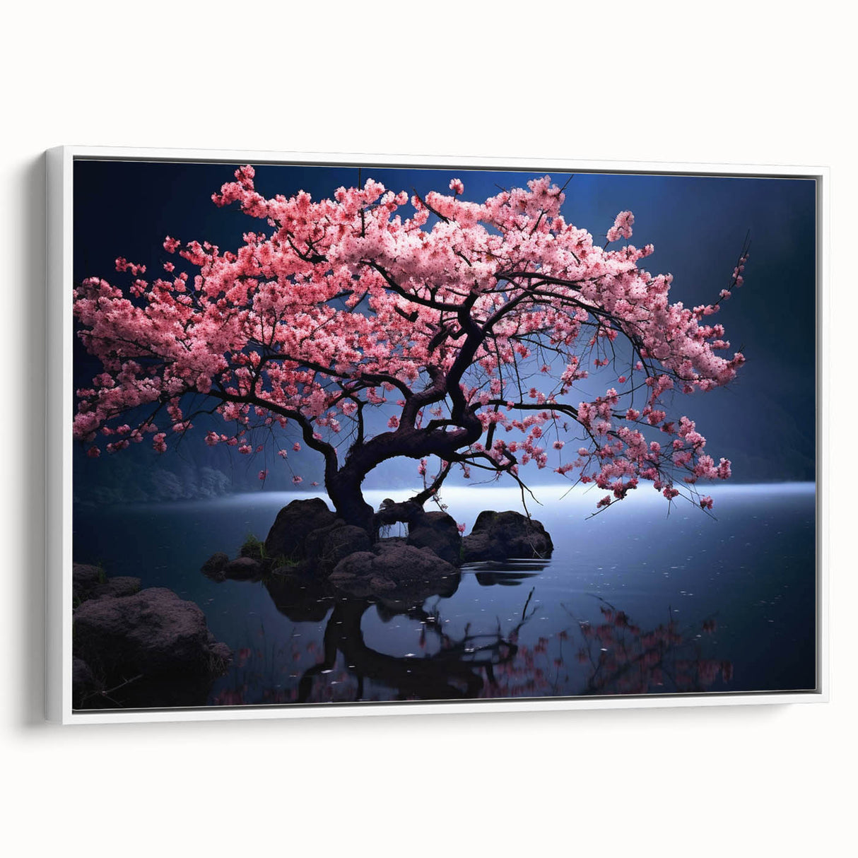 Framed canvas wall art design featuring delicate cherry blossoms in soft pink and white hues, showcased from a side view, perfect for botanical decor enthusiasts.