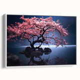 Framed canvas wall art design featuring delicate cherry blossoms in soft pink and white hues, showcased from a side view, perfect for botanical decor enthusiasts.