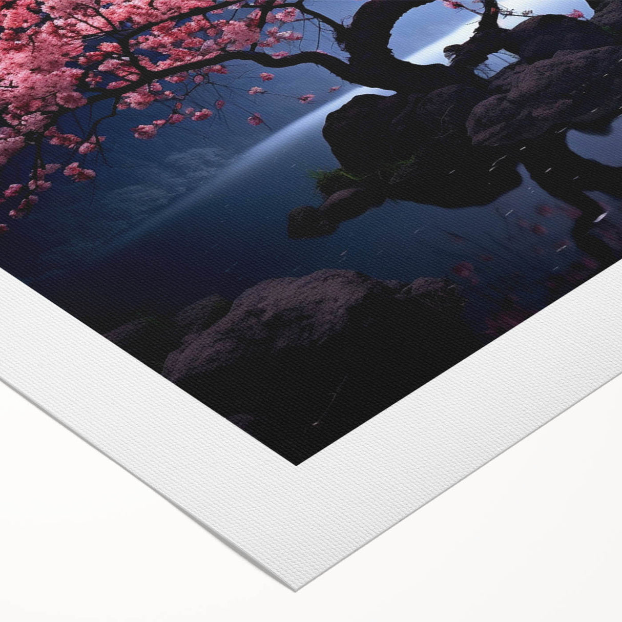 Cherry blossom wall art design on rolled canvas, showcasing delicate pink flowers against a soft white background, perfect for adding elegance to any decor.