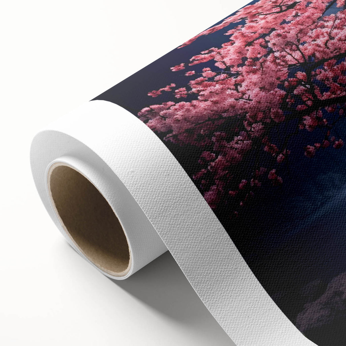 Cherry blossom wall art design on rolled canvas, featuring delicate pink flowers and soft green leaves, perfect for adding a touch of nature-inspired elegance to any room.