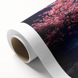 Cherry blossom wall art design on rolled canvas, featuring delicate pink flowers and soft green leaves, perfect for adding a touch of nature-inspired elegance to any room.