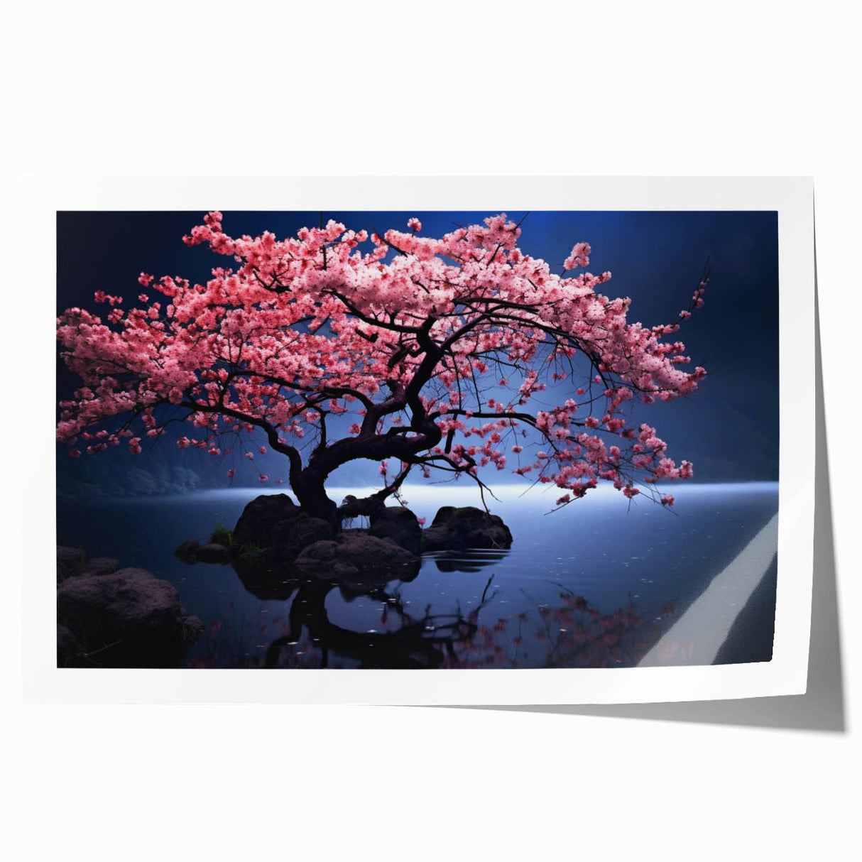 Cherry blossom wall art print showcasing delicate pink flowers on a soft beige background, rolled for easy display and shipping, ideal for nature-inspired decor.