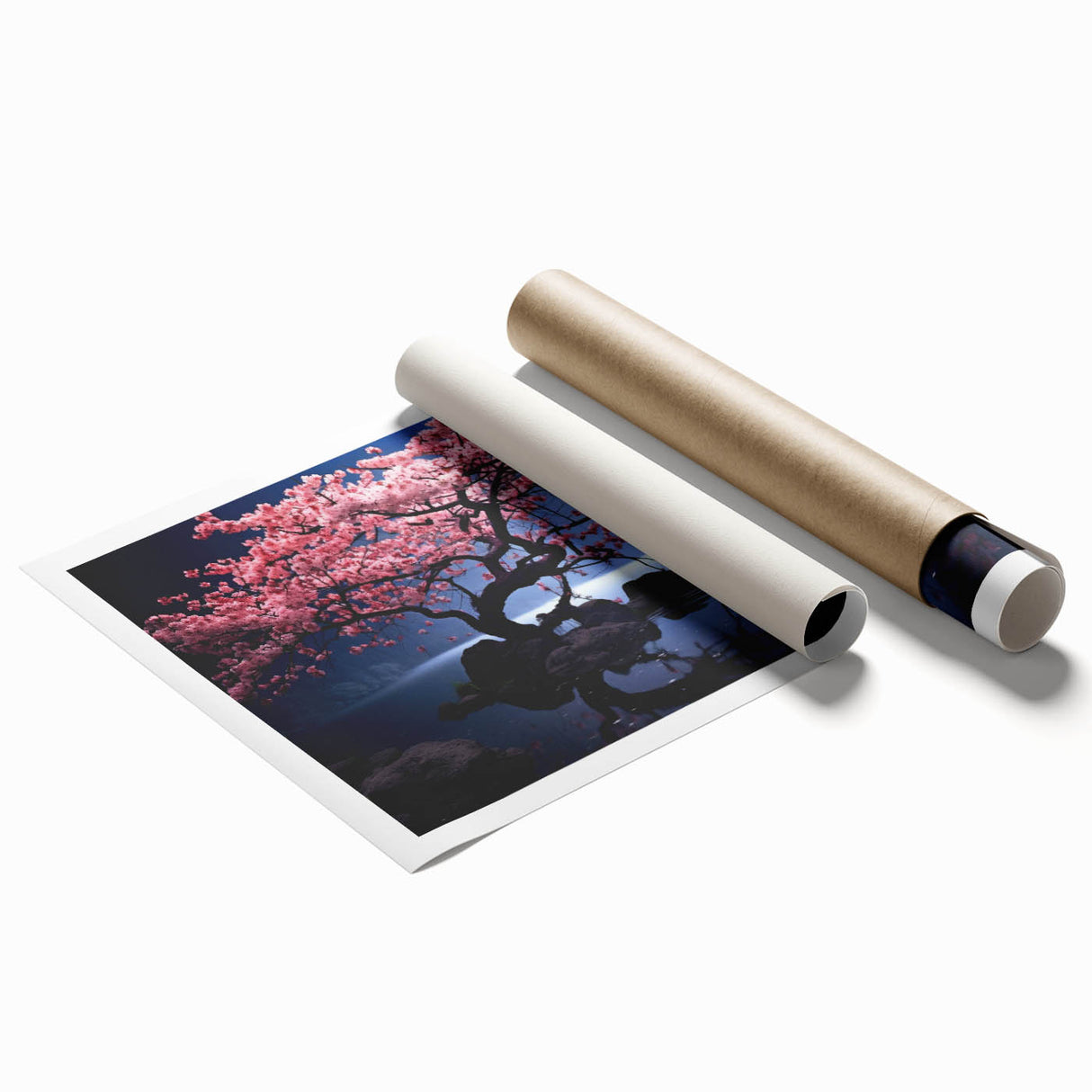 Cherry blossom wall art print showcasing delicate pink flowers against a soft, muted background, rolled and ready for display in a stylish home decor setting. Perfect for adding a touch of nature and elegance to any room.