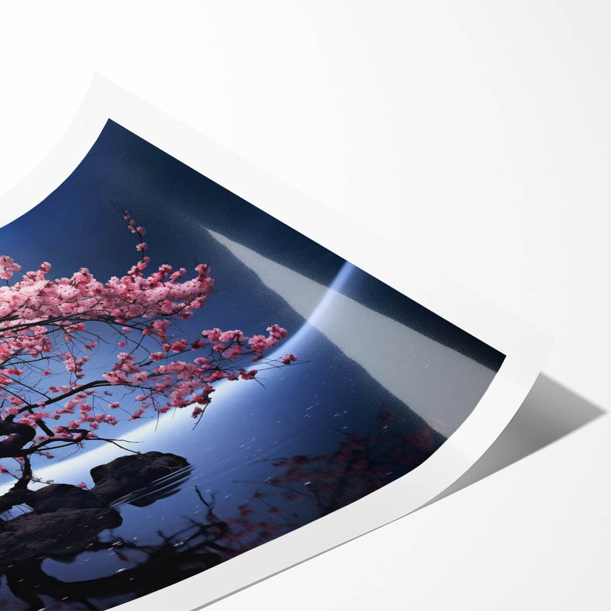 Cherry blossom botanical wall art print featuring delicate pink flowers against a soft white background, rolled and ready for framing to enhance home decor.
