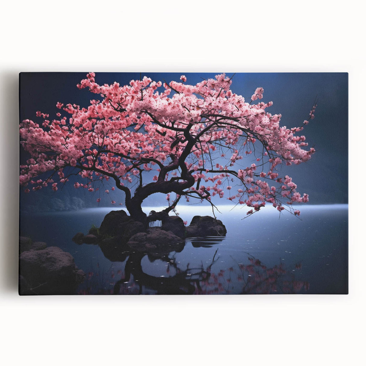 Stretched canvas wall art showcasing a vibrant botanical cherry blossom design, featuring soft pink flowers and delicate green leaves, perfect for home decor.