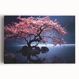 Stretched canvas wall art showcasing a vibrant botanical cherry blossom design, featuring soft pink flowers and delicate green leaves, perfect for home decor.