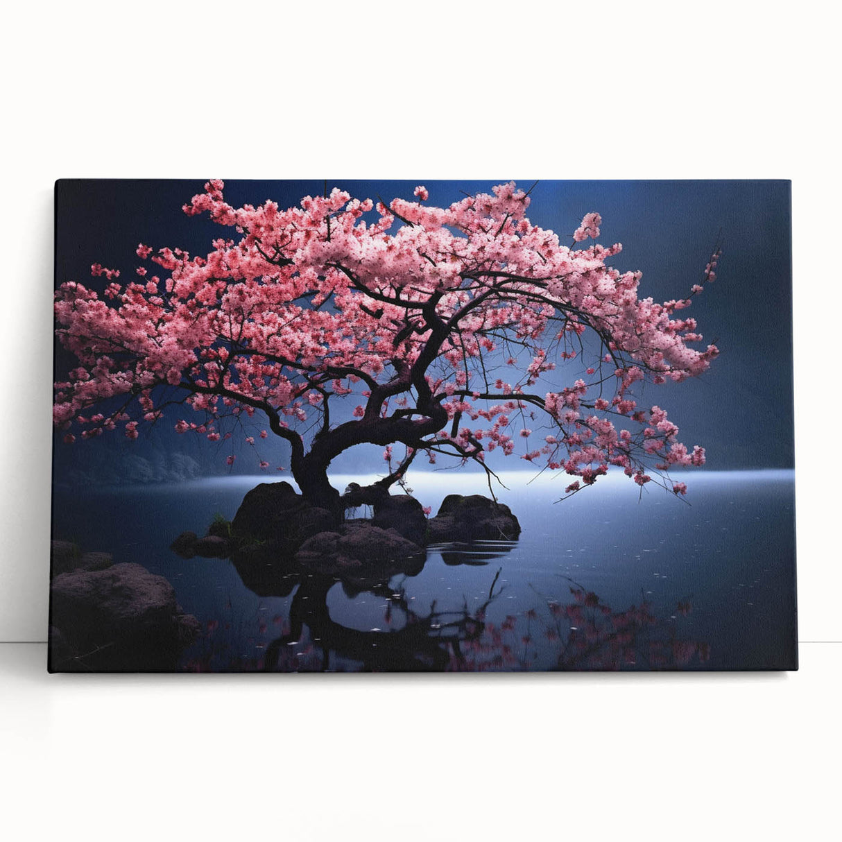 Cherry blossom wall art design on a stretched canvas, showcasing delicate pink flowers against a soft white background, perfect for adding a serene touch to home decor.