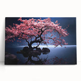 Cherry blossom wall art design on a stretched canvas, showcasing delicate pink flowers against a soft white background, perfect for adding a serene touch to home decor.