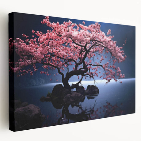 Stretched canvas wall art showcasing a botanical cherry blossom design in soft pink hues, elegantly framed for an artistic touch in home decor, ideal for nature enthusiasts.