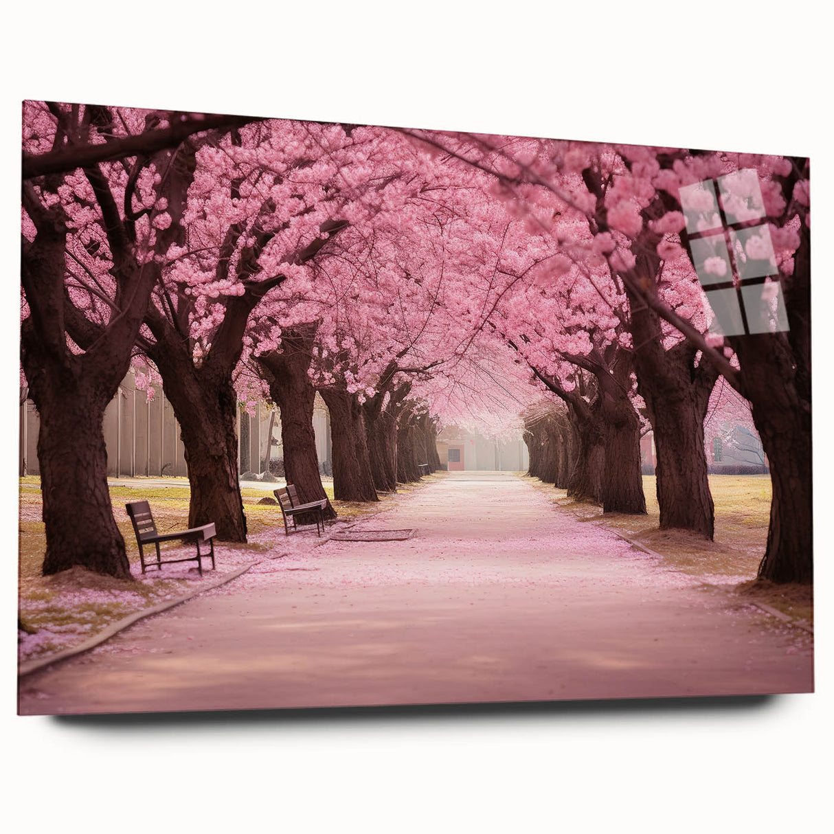 Acrylic glass wall art showcasing a beautiful botanical cherry blossom design, featuring soft pink flowers on a sleek backdrop, perfect for home decor.