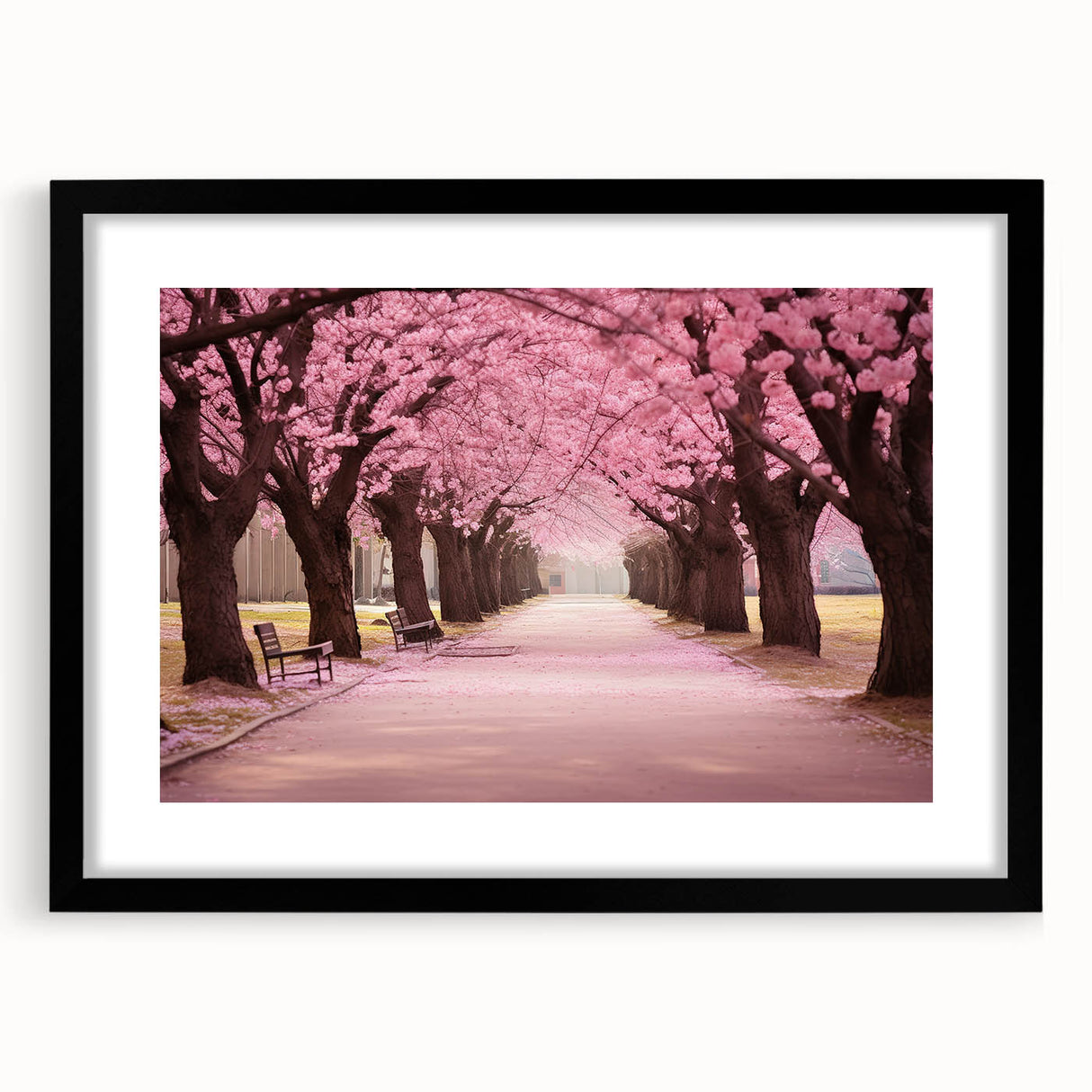 Framed botanical wall art showcasing a delicate cherry blossom design in soft pink and white hues, set against a sleek black mat, ideal for home decor.