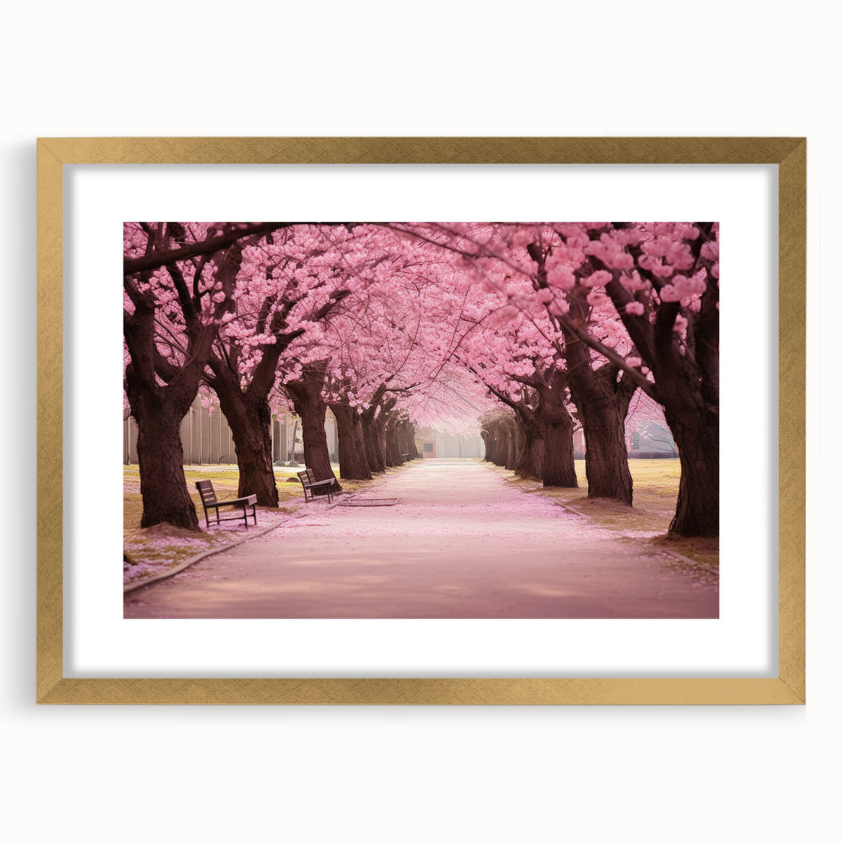 Cherry blossom wall art featuring a botanical design, elegantly framed with a gold finish and white mat, ideal for adding a touch of nature to any decor.
