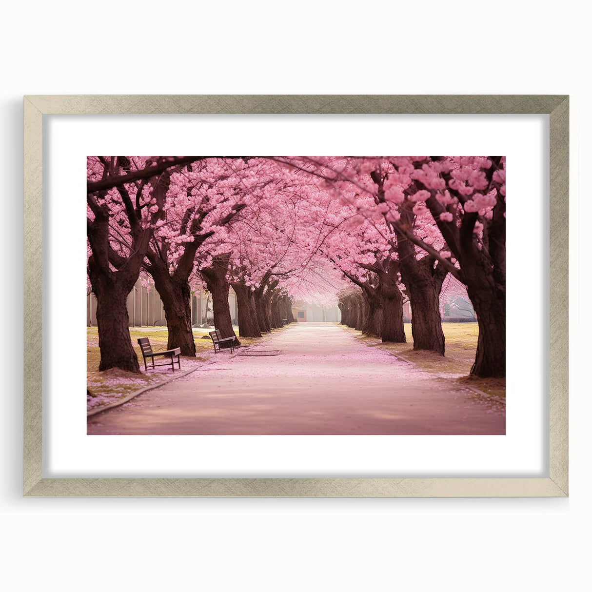 Elegant framed wall art featuring a botanical cherry blossom design, displayed in a silver frame with a mat, enhancing any modern home decor. Perfect for adding a touch of nature-inspired beauty to living spaces.