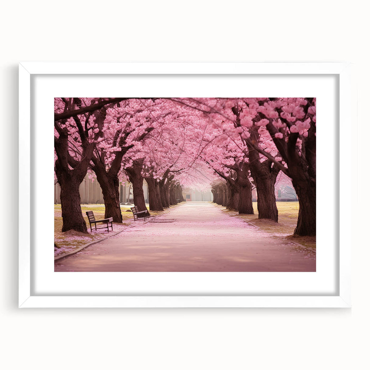 Botanical cherry blossom wall art design framed in white, showcasing delicate pink flowers and lush greenery, perfect for enhancing home decor aesthetics.