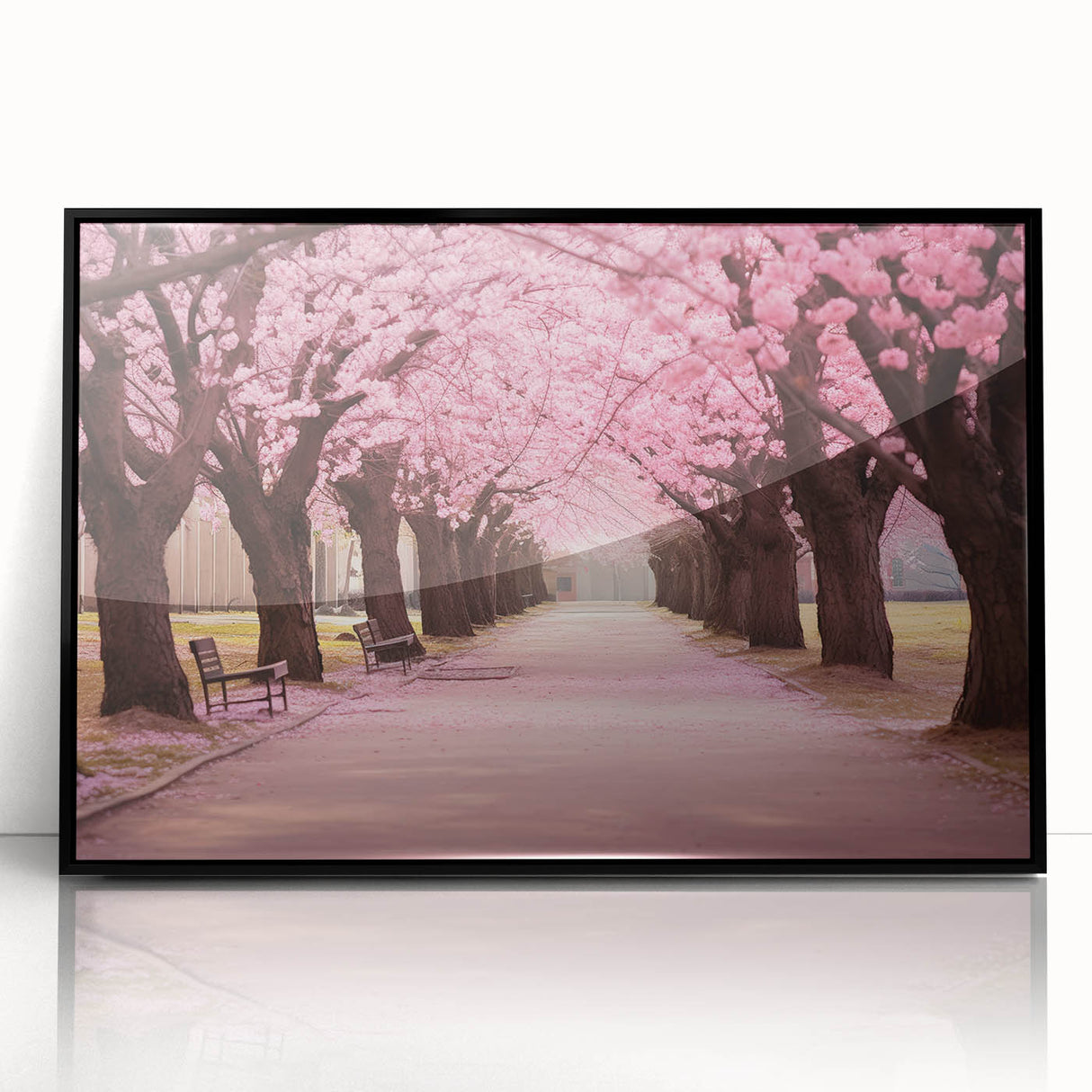 Framed acrylic wall art showcasing a beautiful botanical cherry blossom design with vibrant pink flowers and lush green leaves, presented in a sleek black frame, ideal for home decor.