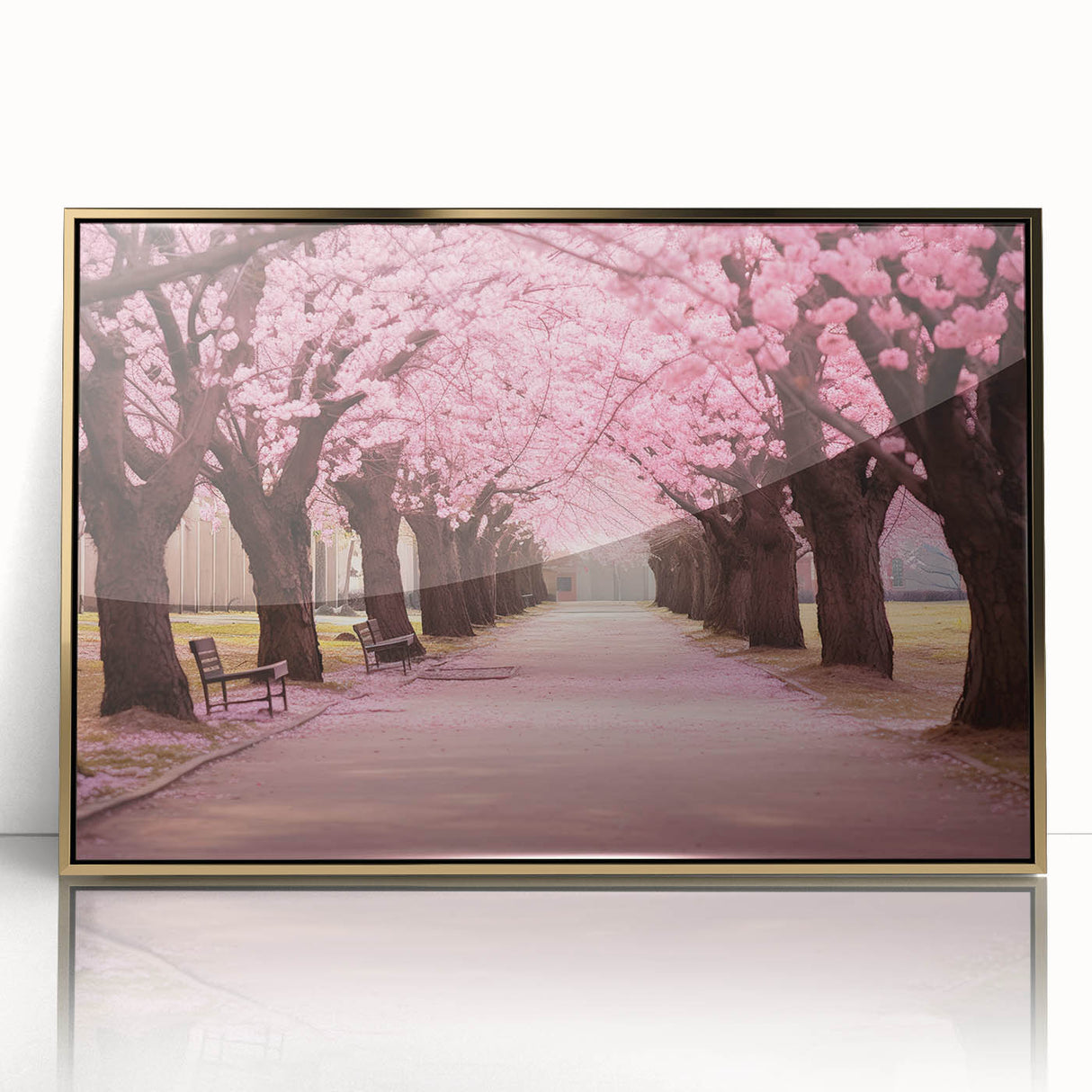 Framed wall art showcasing a botanical cherry blossom design, featuring delicate pink flowers with green leaves, set in an elegant gold frame, perfect for home decor.