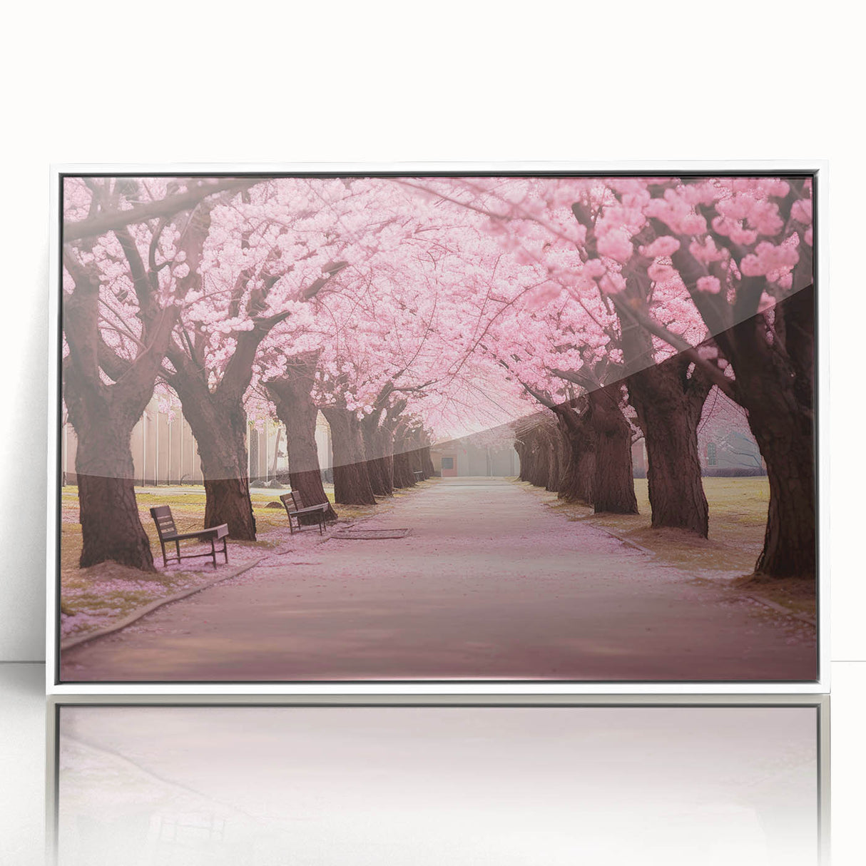 Framed acrylic wall art showcasing a delicate cherry blossom design with soft pink and white hues, ideal for adding elegance to home decor.