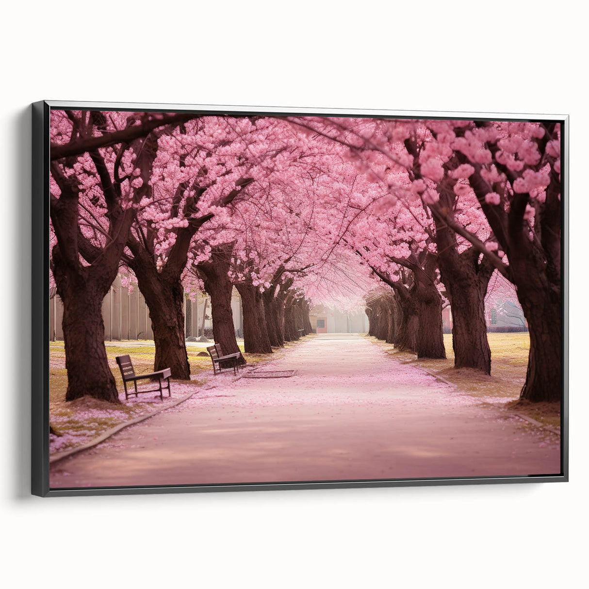 Framed canvas wall art showcasing a botanical cherry blossom design, featuring soft pink flowers and green leaves, displayed elegantly from a black side view. Ideal for enhancing home decor with a touch of nature.