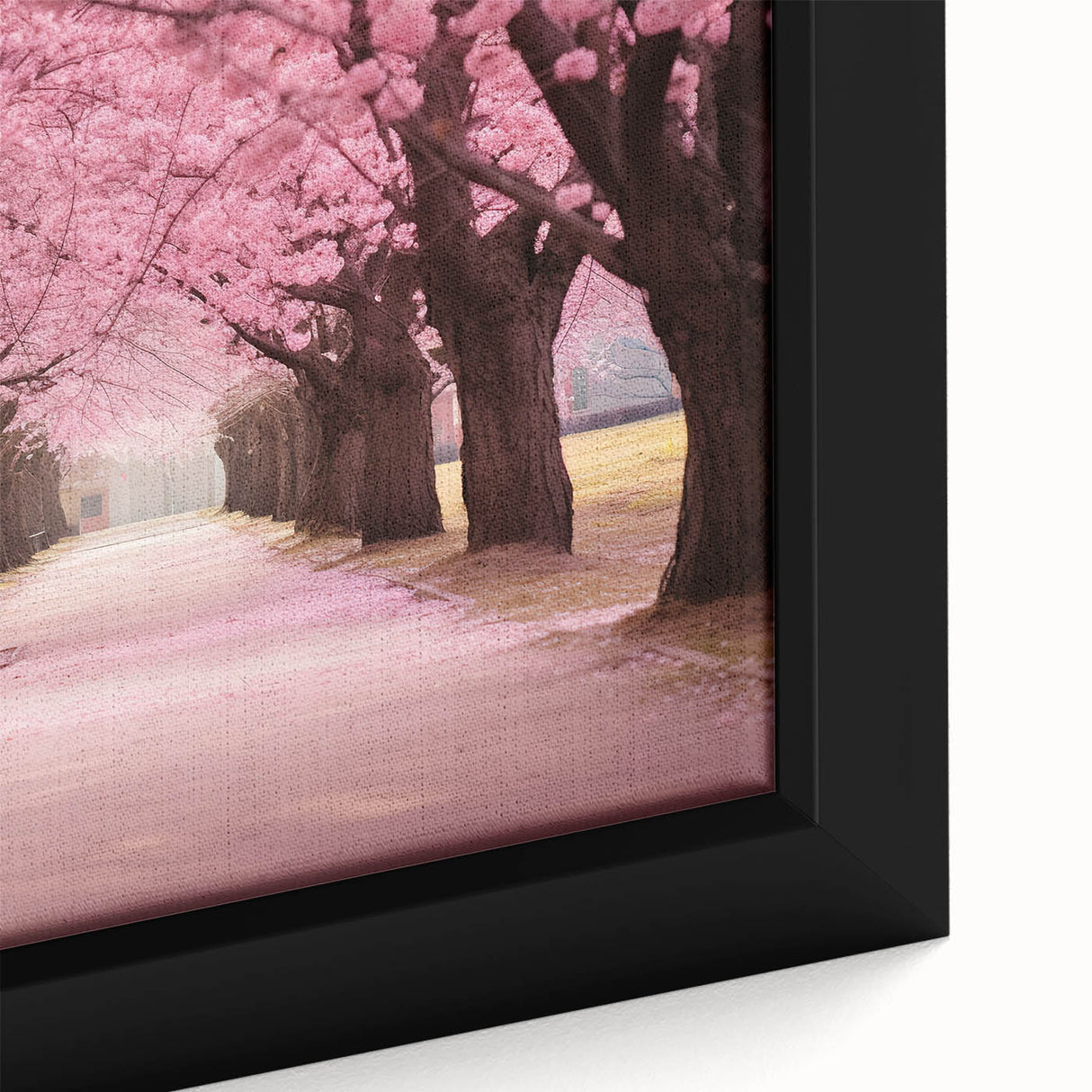Close-up of a framed cherry blossom wall art piece showcasing delicate pink flowers against a soft white background, perfect for enhancing home decor with a botanical theme.