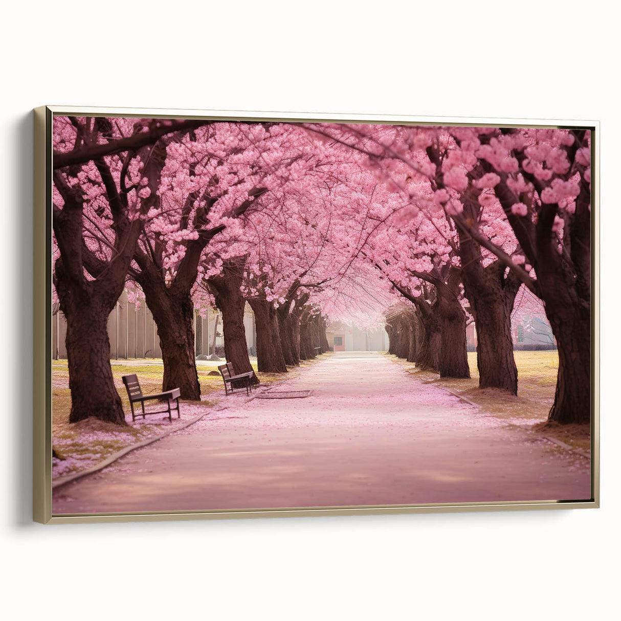 Framed wall art showcasing a botanical cherry blossom design on a textured canvas, featuring elegant gold accents, perfect for enhancing home decor.