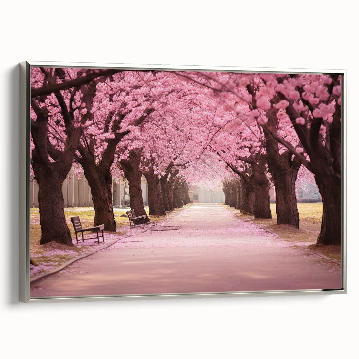 Framed wall art showcasing a botanical cherry blossom design on a silver background, highlighting delicate pink flowers and intricate details in a modern setting.
