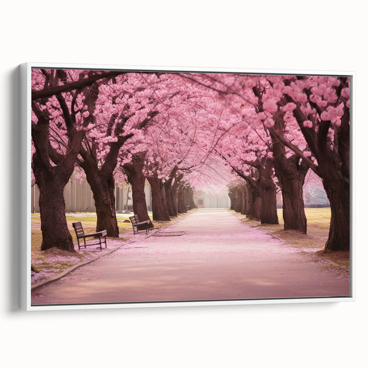 Framed wall art featuring a delicate cherry blossom design on a white canvas, showcasing intricate floral details and a sleek side view for elegant home decor.